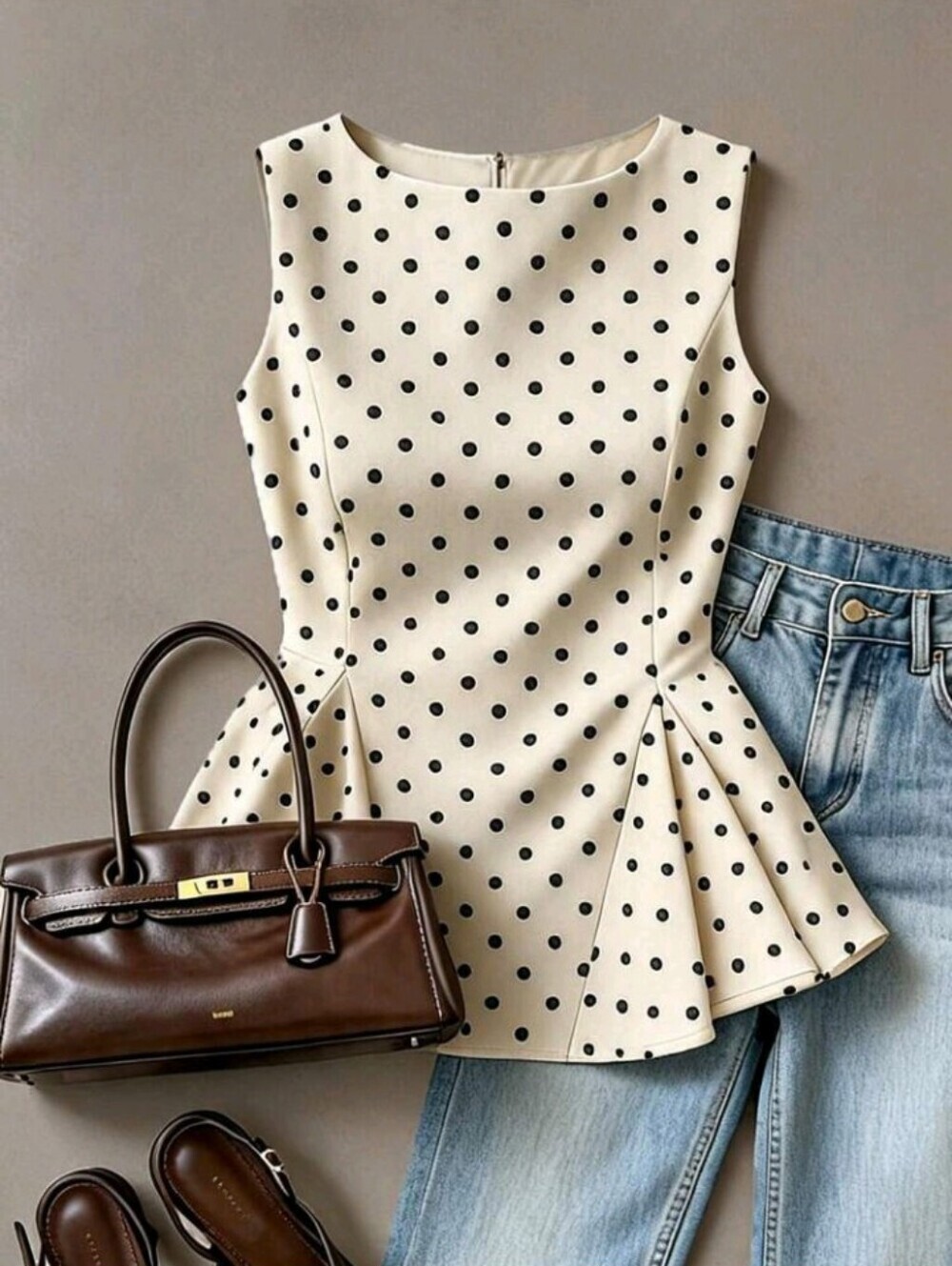 Elegant Retro Polka Dot Sleeveless Fitted Waist A-Line Blouse For Women